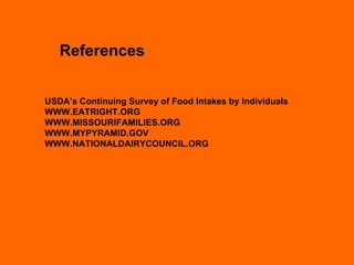 USDA’s Continuing Survey of Food Intakes by Individuals WWW.EATRIGHT.ORG WWW.MISSOURIFAMILIES.ORG WWW.MYPYRAMID.GOV WWW.NATIONALDAIRYCOUNCIL.ORG References 