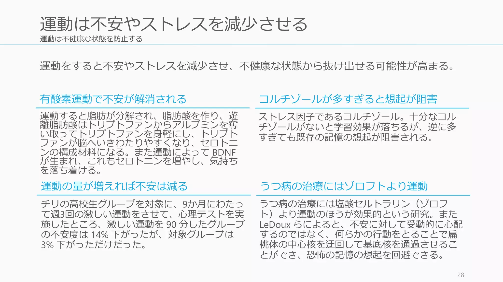 運動は不健康な状態を防止する
運動をすると不安やストレスを減少させ、不健康な状態から抜け出せる可能性が高まる。
28
運動は不安やストレスを減少させる
運動すると脂肪が分解され、脂肪酸を作り、遊
離脂肪酸はトリプトファンからアルブミンを奪
い取ってトリプトファンを身軽にし、トリプト
ファンが脳へいきわたりやすくなり、セロトニ
ンの構成材料になる。また運動によって BDNF
が生まれ、これもセロトニンを増やし、気持ち
を落ち着ける。
ストレス因子であるコルチゾール。十分なコル
チゾールがないと学習効果が落ちるが、逆に多
すぎても既存の記憶の想起が阻害される。
有酸素運動で不安が解消される コルチゾールが多すぎると想起が阻害
うつ病の治療には塩酸セルトラリン（ゾロフ
ト）より運動のほうが効果的という研究。また
LeDoux らによると、不安に対して受動的に心配
するのではなく、何らかの行動をとることで扁
桃体の中心核を迂回して基底核を通過させるこ
とができ、恐怖の記憶の想起を回避できる。
運動の量が増えれば不安は減る うつ病の治療にはゾロフトより運動
チリの高校生グループを対象に、9か月にわたっ
て週3回の激しい運動をさせて、心理テストを実
施したところ、激しい運動を 90 分したグループ
の不安度は 14% 下がったが、対象グループは
3% 下がっただけだった。
 