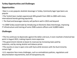 Turkey Opportunities and Challenges
Opportunities
• Beer is a very popular alcoholic beverage in Turkey. Commonly lager type beers are
popular
• The Turkish beer market experienced 20% growth from 2001 to 2005 with many
international brands gaining popularity.
• The food and beverages industry will perform well in 2013 and beyond
• In 2008 Turkey eased trade by introducing an Electronic Data Interchange, improving
IT infrastructure and training of some 2500 customs officers and 14,000 traders
Challenges
• The lira continues to depreciate against the dollar and euro, it even reached a historical low
point in August 2013, making imports more expensive
• The government intends to boost its revenues by increasing taxes paid by
motorists, and by raising alcohol and tobacco prices
• The country is now in open crisis with Syria while tensions with the Kurd minority
remain high
• U.S. exporters face many challenges, such as contradictory policies, regulations and
documentation requirements, lack of transparency etc.
 