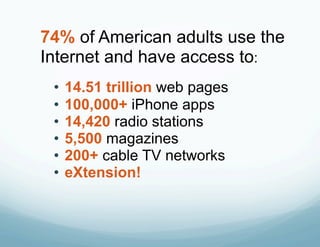 74% of American adults use the
Internet and have access to:
 •  14.51 trillion web pages
 •  100,000+ iPhone apps
 •  14,420 radio stations
 •  5,500 magazines
 •  200+ cable TV networks
 •  eXtension!
 