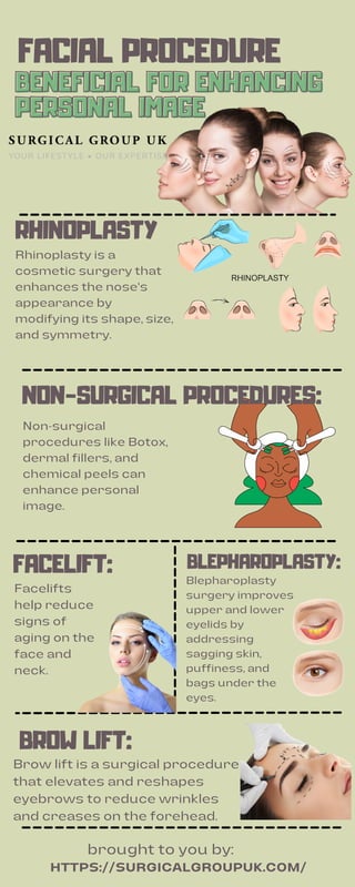 BENEFICIAL FOR ENHANCING
BENEFICIAL FOR ENHANCING
PERSONAL IMAGE
PERSONAL IMAGE
FACIAL PROCEDURE
Non-surgical
procedures like Botox,
dermal fillers, and
chemical peels can
enhance personal
image.
Rhinoplasty is a
cosmetic surgery that
enhances the nose's
appearance by
modifying its shape, size,
and symmetry.
NON-SURGICAL PROCEDURES:
HTTPS://SURGICALGROUPUK.COM/
brought to you by:
RHINOPLASTY
Facelifts
help reduce
signs of
aging on the
face and
neck.
Brow lift is a surgical procedure
that elevates and reshapes
eyebrows to reduce wrinkles
and creases on the forehead.
FACELIFT: Blepharoplasty
surgery improves
upper and lower
eyelids by
addressing
sagging skin,
puffiness, and
bags under the
eyes.
BLEPHAROPLASTY:
BROW LIFT:
 