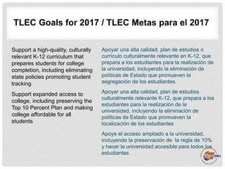 TLEC Goals for 2017
Las Metas de TLEC Para 2017
Support a high-quality, culturally
relevant K-12 curriculum that
prepares ...