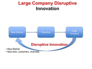  Incremental improvementsLarge Company Disruptive InnovationNew DivisionTransitionLarge CompanyDisruptive Innovation New Market
