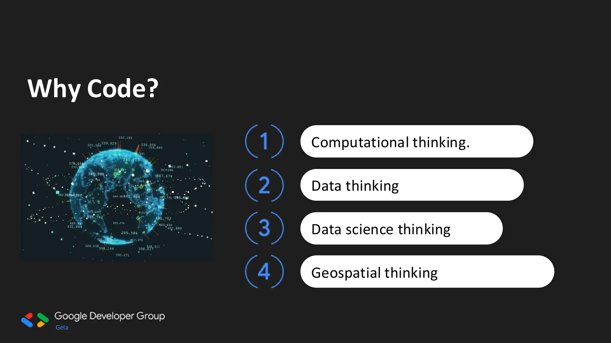 Gela
Why Code?
Computational thinking.
Data thinking
Data science thinking
Geospatial thinking
 