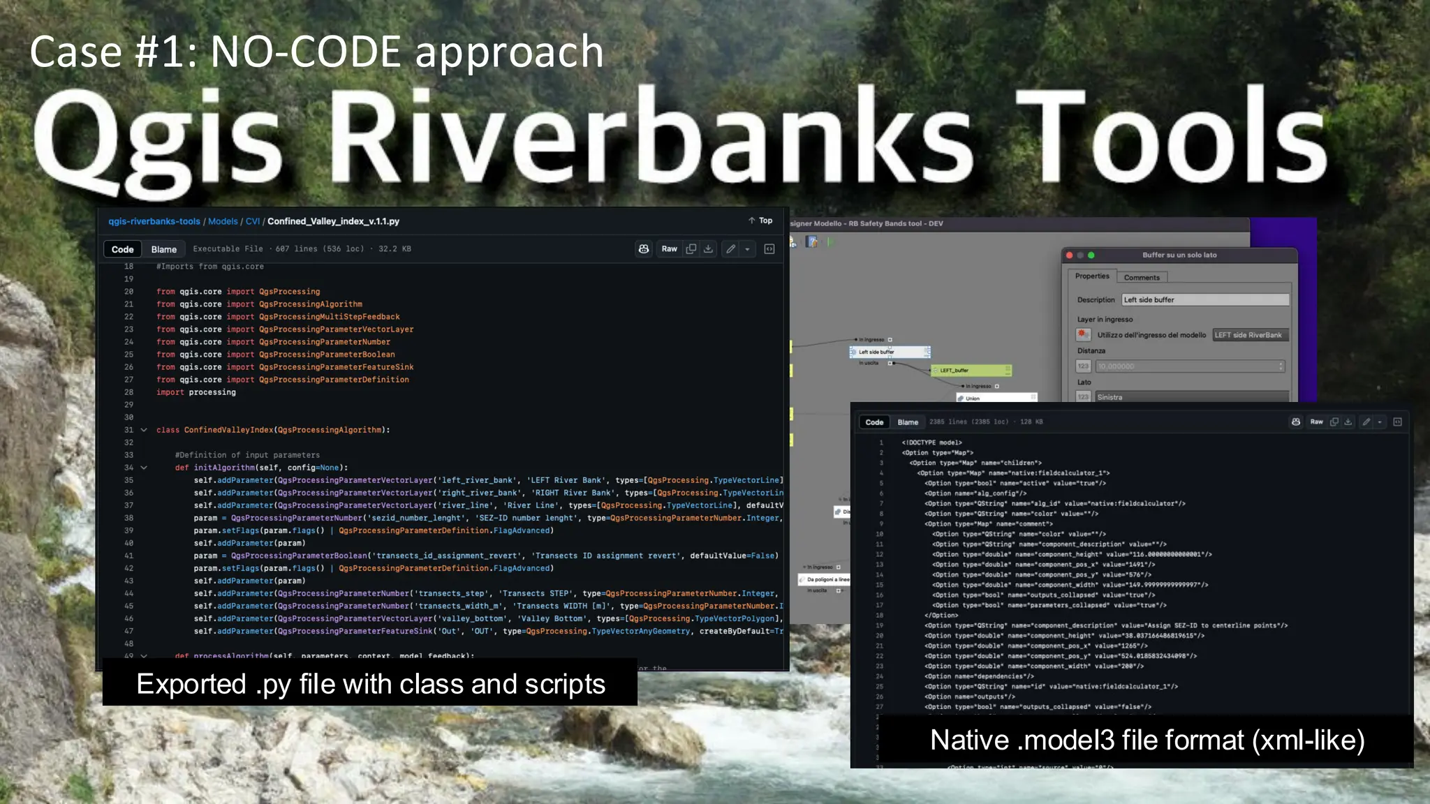 Gela
Developed in no-code
environment called “model
designer”; a GUI inside the
QGIS desktop application
(Open-source project also
developed in Python and QT)
Case #1: NO-CODE approach
Native .model3 file format (xml-like)
Exported .py file with class and scripts
 