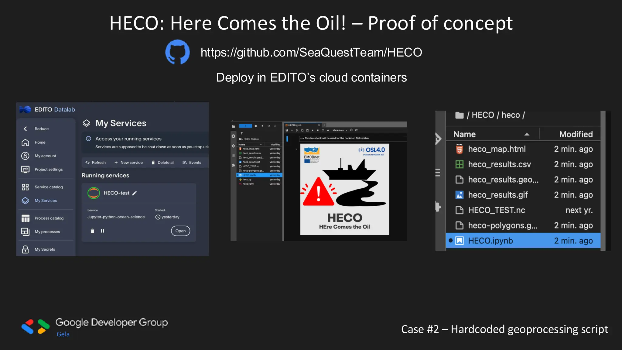 Gela Case #2 – Hardcoded geoprocessing script
HECO: Here Comes the Oil! – Proof of concept
https://github.com/SeaQuestTeam/HECO
Deploy in EDITO’s cloud containers
A screenshot of a computer
AI-generated content may be incorrect.
 