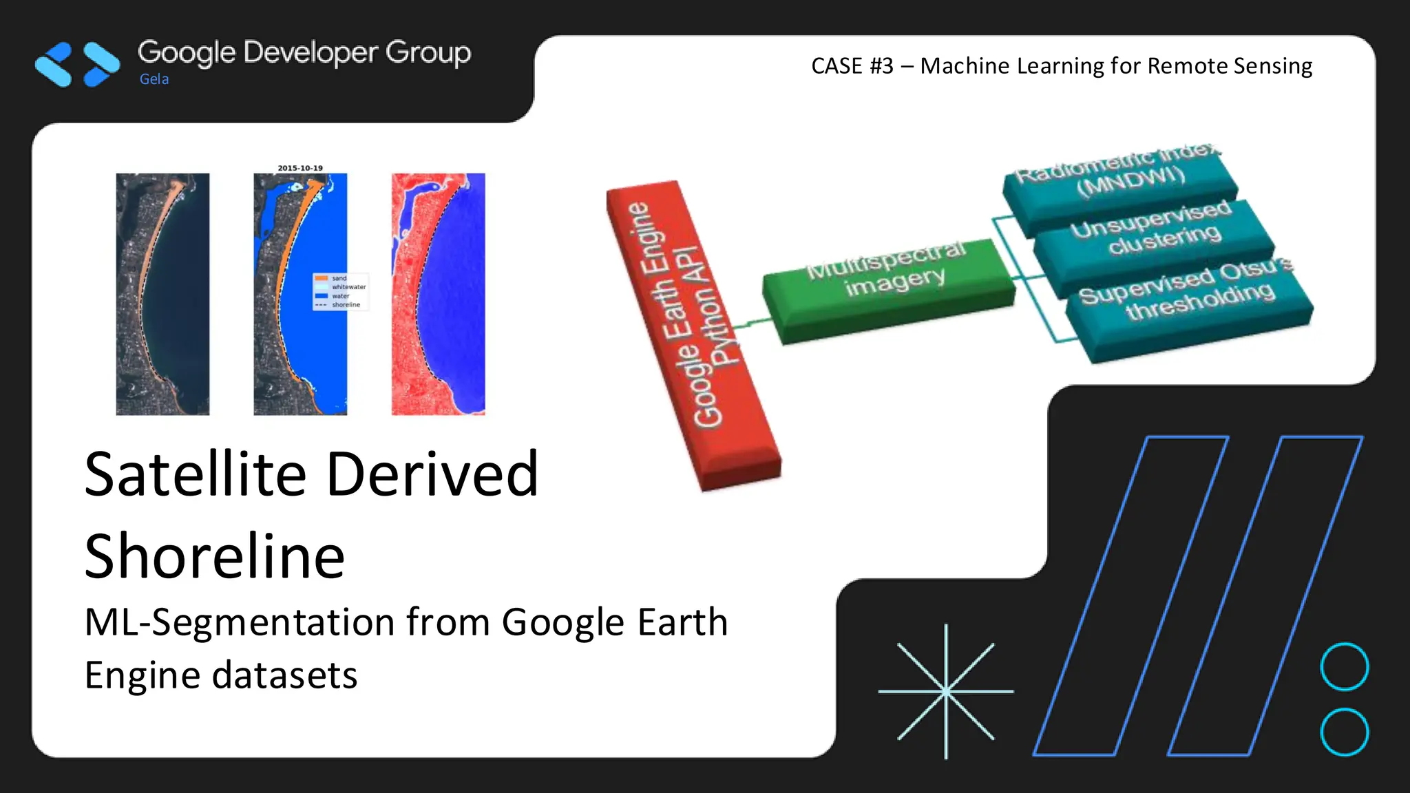 Gela
CASE #3 – Machine Learning for Remote Sensing
Satellite Derived
Shoreline
ML-Segmentation from Google Earth
Engine datasets
 