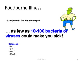 4
A “tiny taste” will not protect you …
… as few as 10-100 bacteria or
viruses could make you sick!
Solutions:
*GMP
*GHP
*GAP
*HACCP
Foodborne Illness
4NMFB - MoPH
 