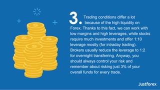 Trading conditions differ a lot
because of the high liquidity on
Forex. Thanks to this fact, we can work with
low margins ...