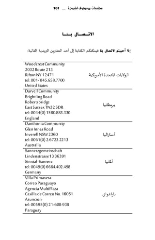 161 ...... ‫جمتمعات بسَدزيُف املشّخّة‬




                         ‫االرـصـبي ثـٕـب‬


 :‫ثٕب ُٞم٨ى٨م ال٨خابت بلى ؤخض الٗىاوًٍ البرًضًت الخالُت‬    ‫ئرا أؽججزُ االرصبي‬


Woodcrest Community
2032 Route 213
Rifton NY 12471                             ‫الىالًاث اإلاخدضة ألامغٍ٨ُت‬
tel: 001- 845.658.7700
United States
Darvell Community
Brightling Road
Robertsbridge                                             ‫بغٍُاهُا‬
East Sussex TN32 5DR
tel: 0044(0) 1580.883.330
England
Danthonia Community
Glen Innes Road
Inverell NSW 2360                                         ‫ؤؾترالُا‬
tel: 0061(0) 2.6723.2213
Australia
Sannerzgemeinschaft
Lindenstrasse 13 36391
Sinntal-Sannerz                                            ‫ؤإلااهُا‬
tel: 0049(0) 6664.402.498
Germany
Villa Primavera
Correo Paraguayo
Agencia MultiPlaza
Casilla de Correo No. 16051                           ‫باعاٚىاي‬
Asuncion
tel: 00595(0) 21-608-938
Paraguay
 
