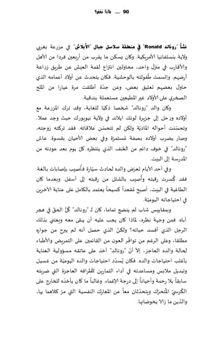 ‫19 ...... ملاذا نغفس؟‬




‫ٔؾأ "سٚٔبٌذ ‪ "Ronald‬يف ِٕطمخ عالعً عجبي "ا٤ثالػ" في مؼعٖت بٛغبي‬
‫والًت بيؿلٟاهُا ألامغٍ٨ُت. و٧ان ٌؿ٨ً ما ً٣غب مً ؤعبٗحن ٞغصا مً ألاهل‬
‫وألا٢اعب في مجز٫ واخض، مداولحن اهتزإ ل٣مت الِٗل ًٖ َغٍ٤ ػعاٖت‬
                                                                ‫ُ‬
‫ؤعيهم . واحؿمذ َٟىلخه بالىخكُت. ٞ٩ان ًخدضر ًٖ ؤوالص ؤٖمامه الظي‬             ‫ِ‬
‫ة ؤَل٣ذ مغة ُٖاعا مً اإلالر‬       ‫خاو٫ بًٗهم حٗلُ٤ بٌٗ، وًٖ ظضّ‬
                         ‫الصسغي ٖلى ألاوالص ٚحر اإلاُُٗحن مؿخٗملت بىض٢ُت.‬
                                      ‫ّ‬
‫و٧ان والض "عوهالض" شسها ط٦ُا للٛاًت، و٢ض جغ٥ اإلاؼعٖت م٘‬
‫ؤوالصه وع خل بلى ظؼٍغة لىه٪ اًالهض ف ي والًت هُىٍىع٥ خُض وظض ٖمال .‬
                                    ‫ّ‬                     ‫ّ‬
‫وجدؿيذ ؤخىاله اإلااصًت ول٨ً لم جخدؿً ٖال٢اجه. ٞ٣ض جغ٦خه ػوظخه،‬                    ‫ّ‬
‫وناع ًًغب ؤوالصه بهٟت ُمؿخمغة وفي بٌٗ ألاخُان ب٣ؿىة. ٖاف‬
                                        ‫ّ‬
                     ‫ّ‬                        ‫ُ‬
‫"عوهالض" في زىٝ صاثم مً الٗى٠ الظي ًيخٓغه ٧ل ًىم بٗض ٖىصجه مً‬
                                                                    ‫اإلاضعؾت بلى البِذ.‬
                       ‫ُ‬     ‫وفي ؤخض ألاًام حٗغى والضه لخاصر ؾُّ‬
                                                    ‫ّ‬
‫اعة ٞإنِب بةناباث بالٛت.‬
                                                            ‫ُ‬                   ‫ُ‬
‫ٞ٣ض ٦ؿغث ع٢بخه وؤنِب بالكلل مً ع٢بخه بلى ؤؾٟل. وبٗضما ٧ان‬
‫الُاُٚت في البِذ، ؤنبذ ُم٣ٗضا ٦ؿُدا ٌٗخمض بال٩امل ٖلى ٖىاًت آلازغًٍ‬
                                                                  ‫ّ‬
                                                              ‫في اخخُاظاجه الُىمُت.‬
         ‫ّ‬      ‫ُ ُّ‬
‫وبم٣اًِـ قاب لم ًىطج جماما، ٧ان لـ "عوهالض" ٧ل الخ٤ في هجغ‬
‫ؤباه. ٞمً وظهت هٓغه، إلااطا ٧ان ًجب ٖلُه ؤن ًب٣ى مٗه وَٗخني بظل٪‬
                                            ‫ّ‬
‫الغظل الظي ؤٞؿض خُاجه؟ ول٨ً الظي خهل ؤهه لم ًبرح مً ظىاعه‬
                                                ‫ُ‬
‫مُل٣ا ، وٖلى الغٚم مً جىاٞغ الٗىن مً ال٣اثمحن ٖلى الخمغٌٍ وألاَباء‬
                                                  ‫ّ ّ‬
‫لخالت والضه الٗاظؼ، بال ؤن "عوهالض" ؤزظ ٖلى ٖاج٣ه مؿاولُت الٗىاًت‬
                                          ‫ّ‬
‫بإٚلب اخخُاظاث والضه. ٞ٩ان ٌُؿضص اخخُاظاث والضه الُىمُت مً ٚؿُل‬
              ‫ّ‬
‫وجبضًل مالبـ ومؿاٖضجه في ؤصاء الخماعًٍ ألَغاٞه الٗاظؼة التي يغبخه‬
‫ؾاب٣ا بال عخمت وؤخُاها بلى صعظت ؤلاٚماء. وٚالبا ما ٧ان ًإزظه للساعط ٖلى‬
                                                        ‫ّ‬
‫ال٨غس ّي اإلاخدغ٥ وٍخدضزان مٗا ًٖ اإلاٗاع٥ الىٟؿُت التي مغ ٦الهما بها،‬
            ‫ّ‬                                                          ‫ُ ّ‬            ‫ُ‬
                                                                                    ‫َ‬
                                                      ‫والظًً ما ػالا ًسىياجها.‬
 