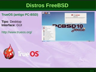 43/51
Distros FreeBSD
TrueOS (antigo PC-BSD)
Tipo: Desktop
Interface: GUI
http://www.trueos.org/
 