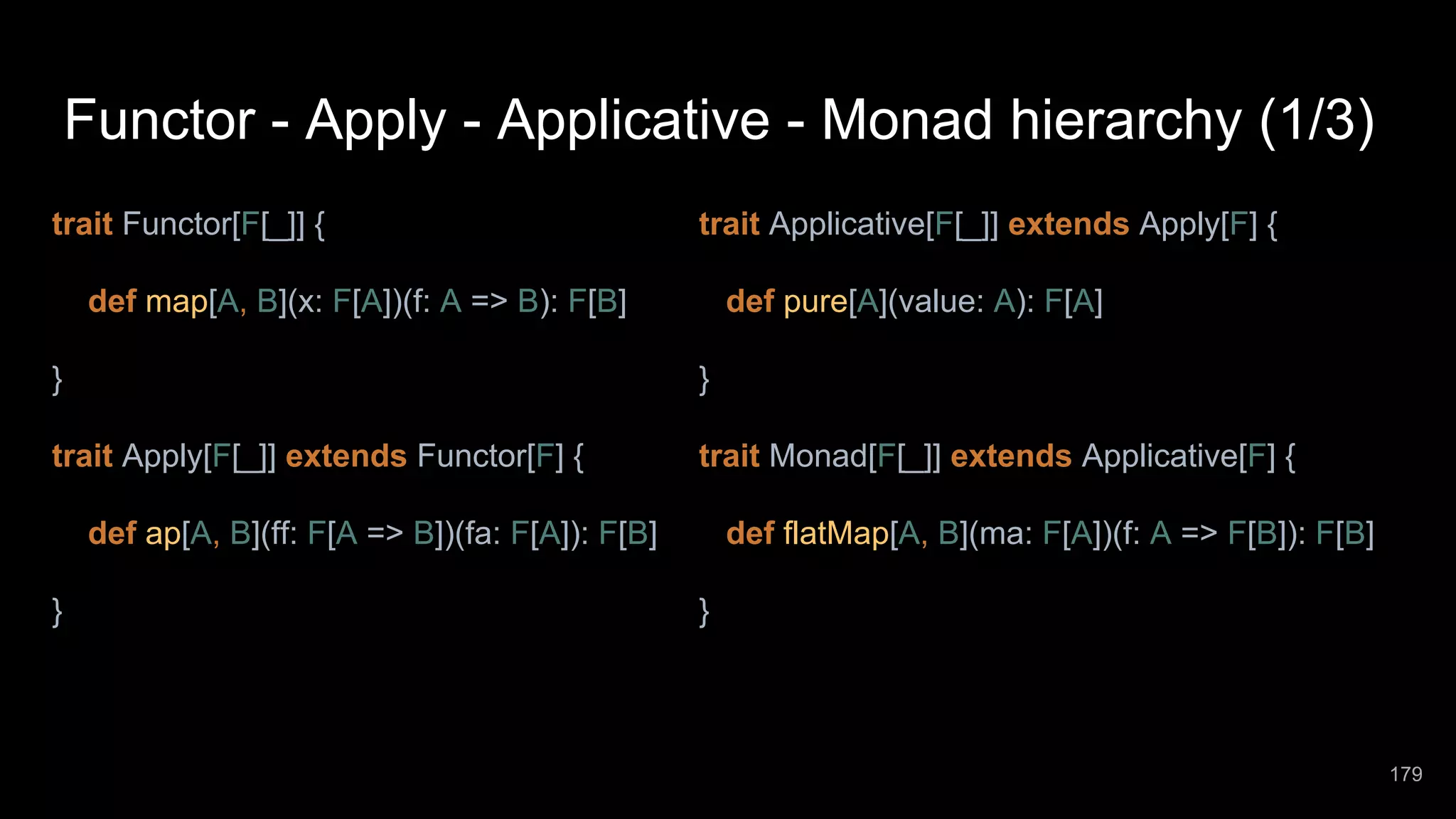 Functor - Apply - Applicative - Monad hierarchy (1/3) trait Functor[F[_]] { def map[A, B](x: F[A])(f: A => B): F[B] } trait Apply[F[_]] extends Functor[F] { def ap[A, B](ff: F[A => B])(fa: F[A]): F[B] } trait Applicative[F[_]] extends Apply[F] { def pure[A](value: A): F[A] } trait Monad[F[_]] extends Applicative[F] { def flatMap[A, B](ma: F[A])(f: A => F[B]): F[B] } 179 