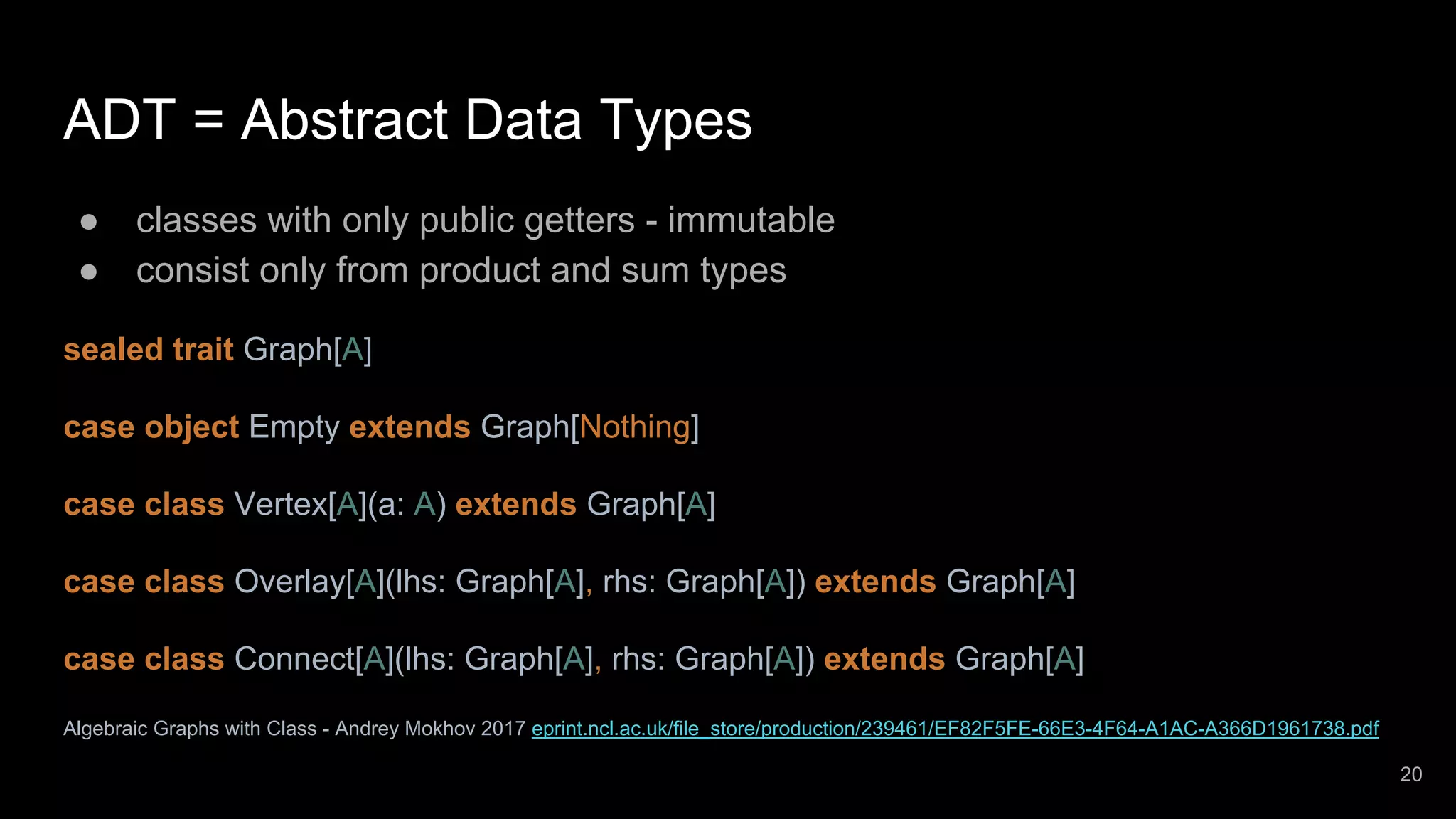 ADT = Abstract Data Types ● classes with only public getters - immutable ● consist only from product and sum types sealed trait Graph[A] case object Empty extends Graph[Nothing] case class Vertex[A](a: A) extends Graph[A] case class Overlay[A](lhs: Graph[A], rhs: Graph[A]) extends Graph[A] case class Connect[A](lhs: Graph[A], rhs: Graph[A]) extends Graph[A] Algebraic Graphs with Class - Andrey Mokhov 2017 eprint.ncl.ac.uk/file_store/production/239461/EF82F5FE-66E3-4F64-A1AC-A366D1961738.pdf 20 