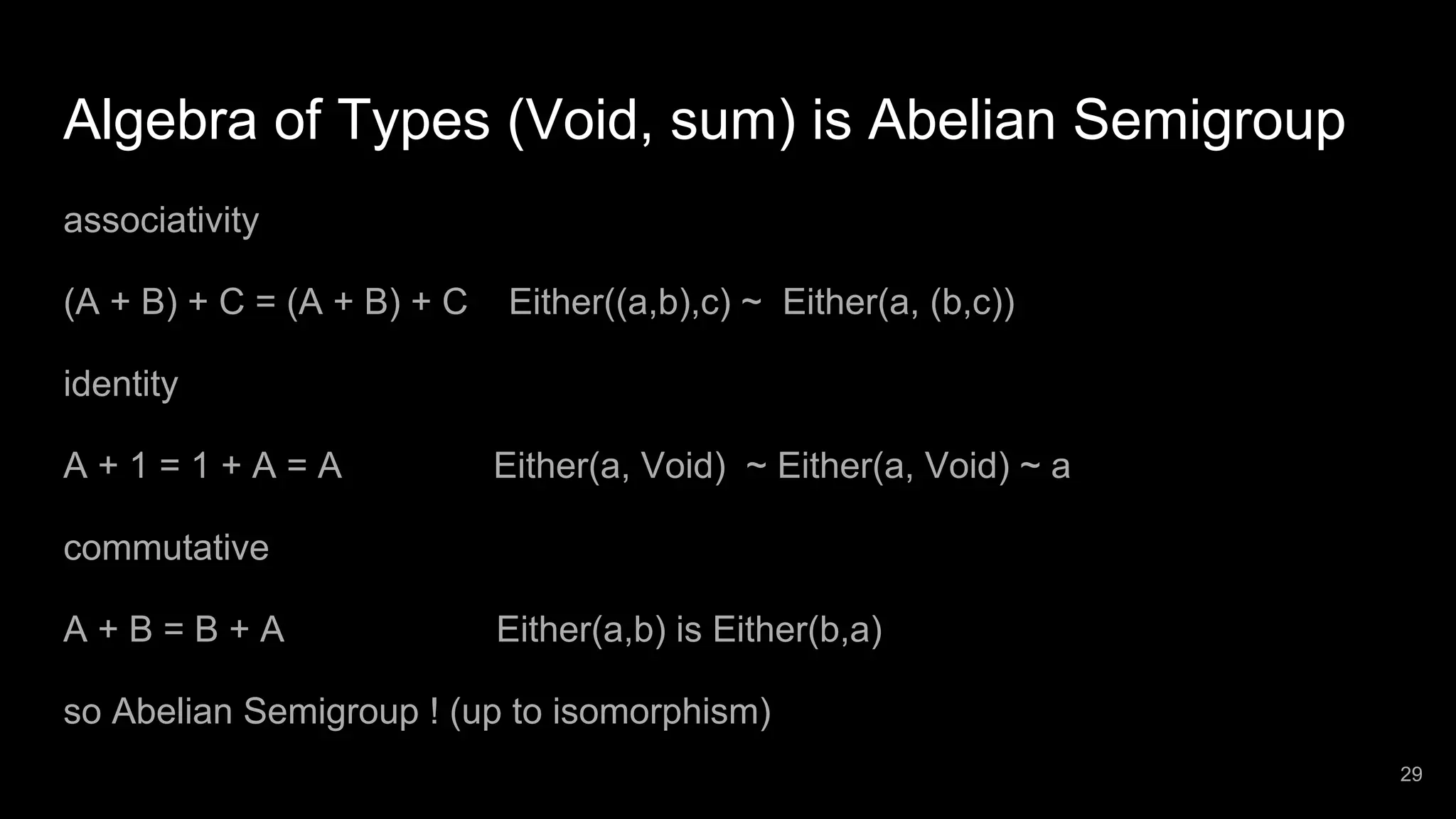Algebra of Types (Void, sum) is Abelian Semigroup associativity (A + B) + C = (A + B) + C Either((a,b),c) ~ Either(a, (b,c)) identity A + 1 = 1 + A = A Either(a, Void) ~ Either(a, Void) ~ a commutative A + B = B + A Either(a,b) is Either(b,a) so Abelian Semigroup ! (up to isomorphism) 29 