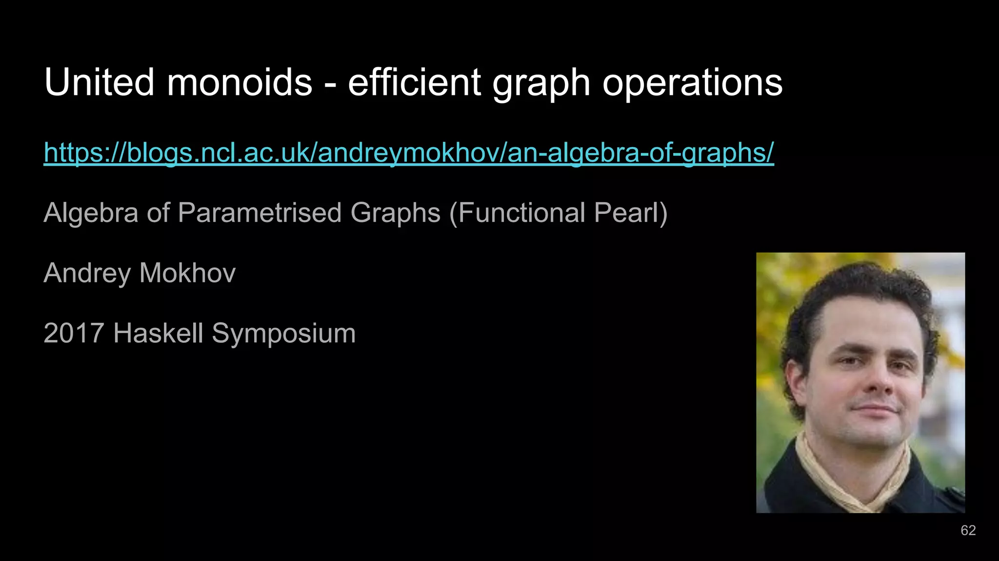United monoids - efficient graph operations https://blogs.ncl.ac.uk/andreymokhov/an-algebra-of-graphs/ Algebra of Parametrised Graphs (Functional Pearl) Andrey Mokhov 2017 Haskell Symposium 62 