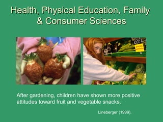After gardening, children have shown more positive
attitudes toward fruit and vegetable snacks.
Lineberger (1999).
Health, Physical Education, FamilyHealth, Physical Education, Family
& Consumer Sciences& Consumer Sciences
 