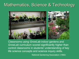 Mathematics, Science & TechnologyMathematics, Science & Technology
Classrooms using GrowLab indoor gardens and
GrowLab curriculum scored significantly higher than
control classrooms in students' understanding of key
life science concepts and science inquiry skills.
National Gardening Association (1992)
 