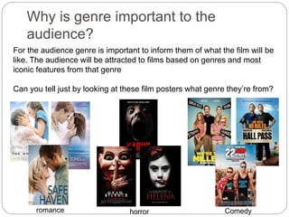 Why is genre important to the
audience?
For the audience genre is important to inform them of what the film will be
like. The audience will be attracted to films based on genres and most
iconic features from that genre
Can you tell just by looking at these film posters what genre they’re from?
romance horror Comedy
 