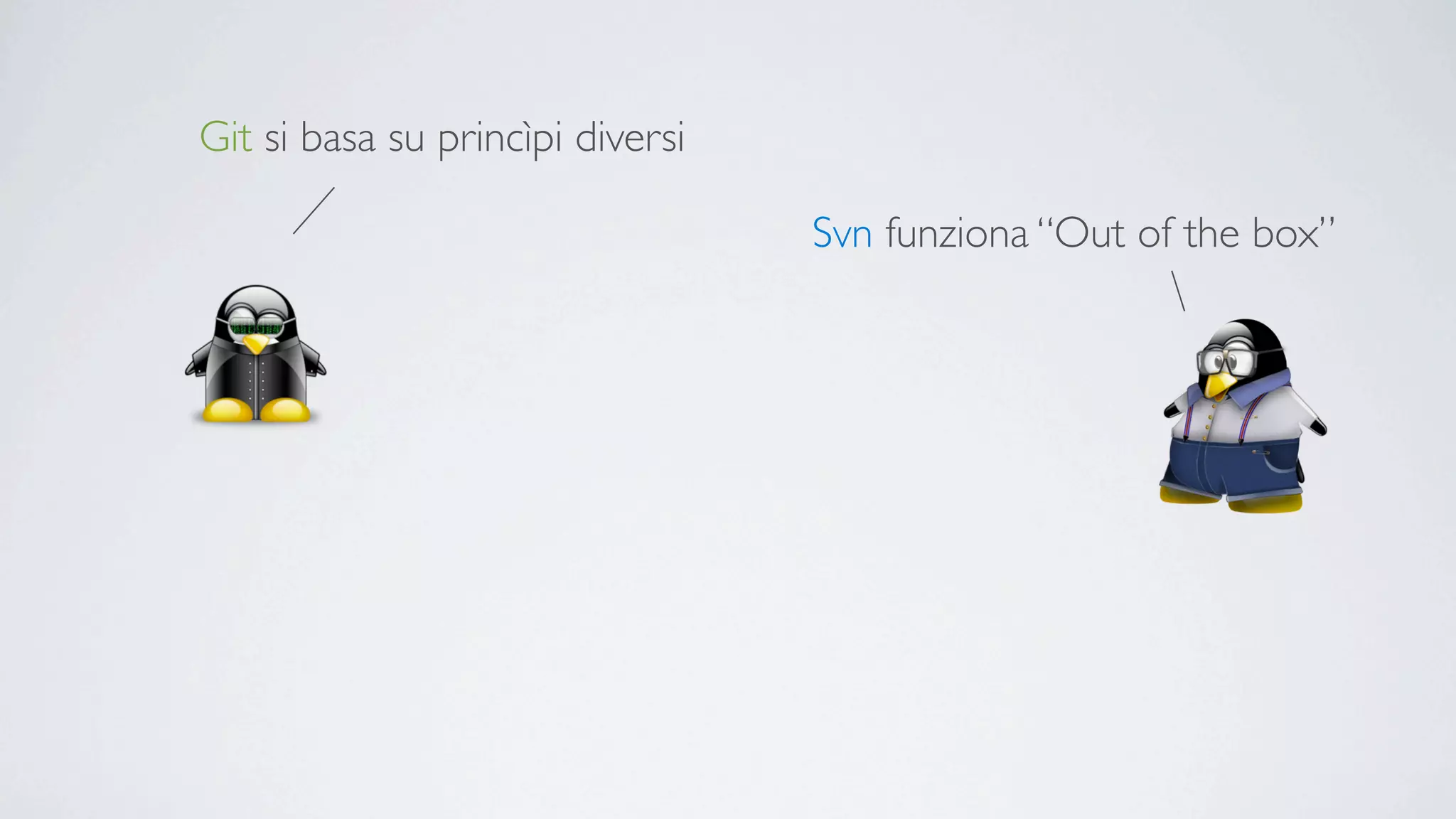 Git si basa su princìpi diversi

                                  Svn funziona “Out of the box”
 