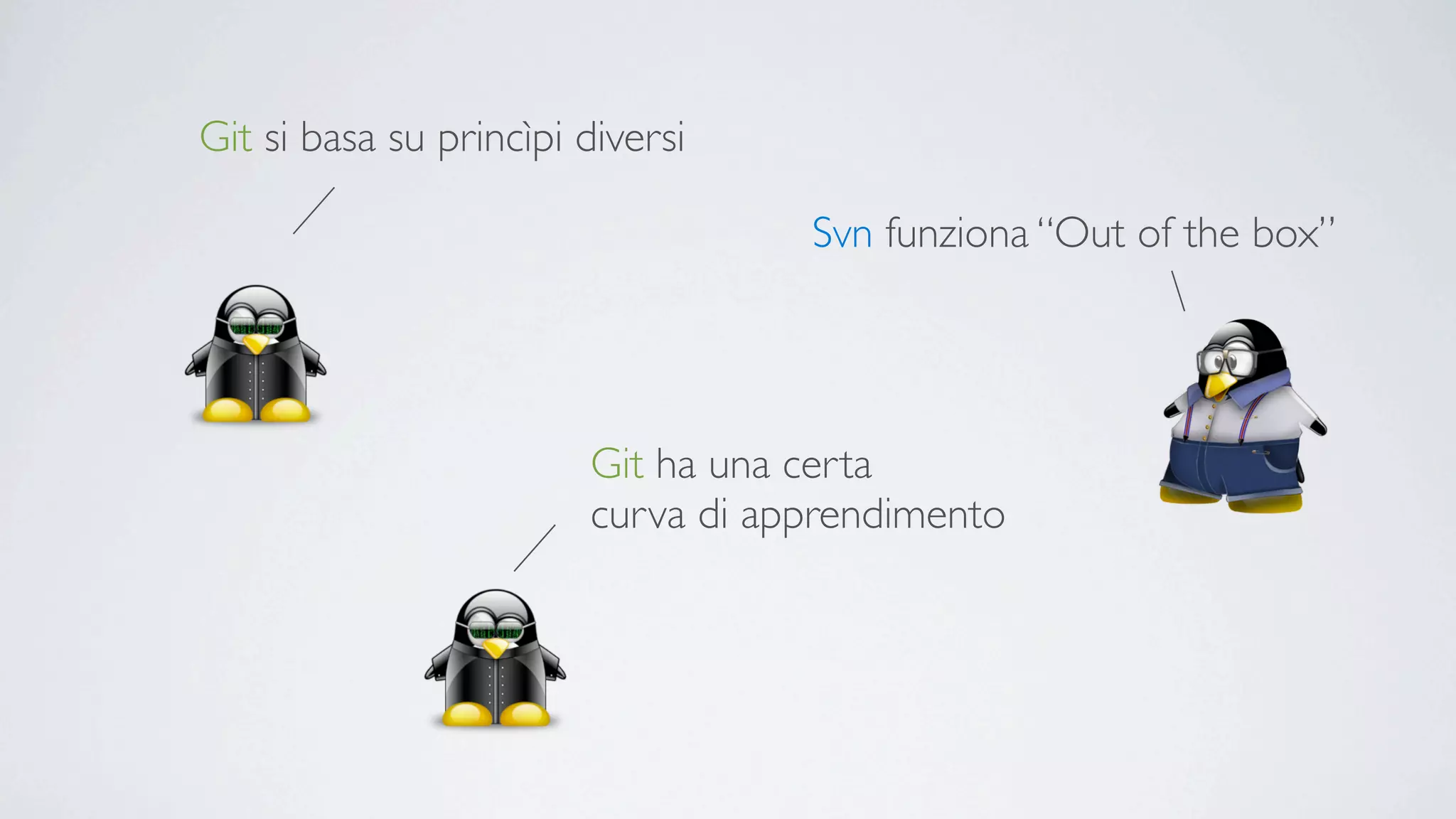 Git si basa su princìpi diversi

                                   Svn funziona “Out of the box”




                        Git ha una certa
                        curva di apprendimento
 
