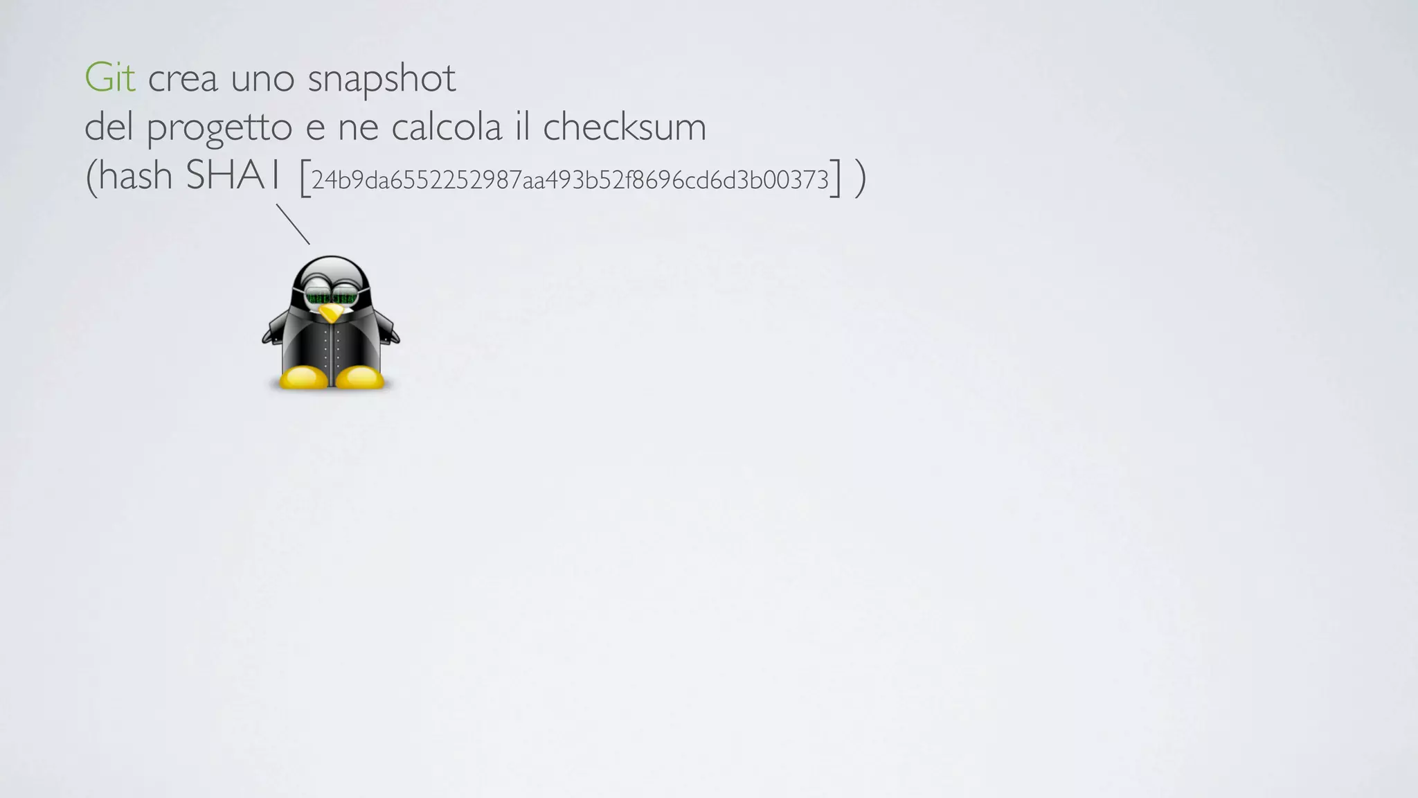 Git crea uno snapshot
del progetto e ne calcola il checksum
(hash SHA1 [24b9da6552252987aa493b52f8696cd6d3b00373] )
 
