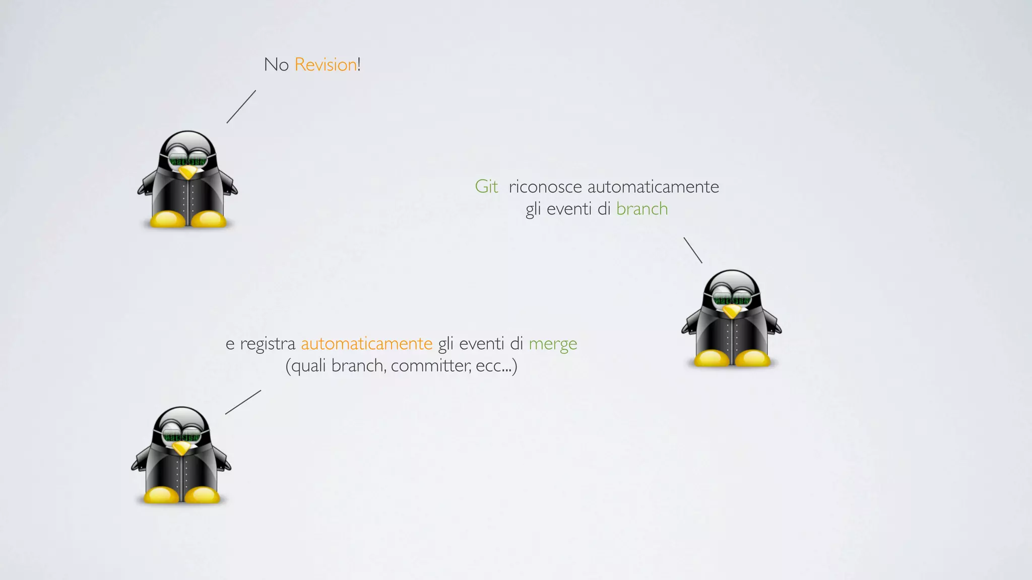 No Revision!




                                Git riconosce automaticamente
                                       gli eventi di branch




e registra automaticamente gli eventi di merge
         (quali branch, committer, ecc...)
 
