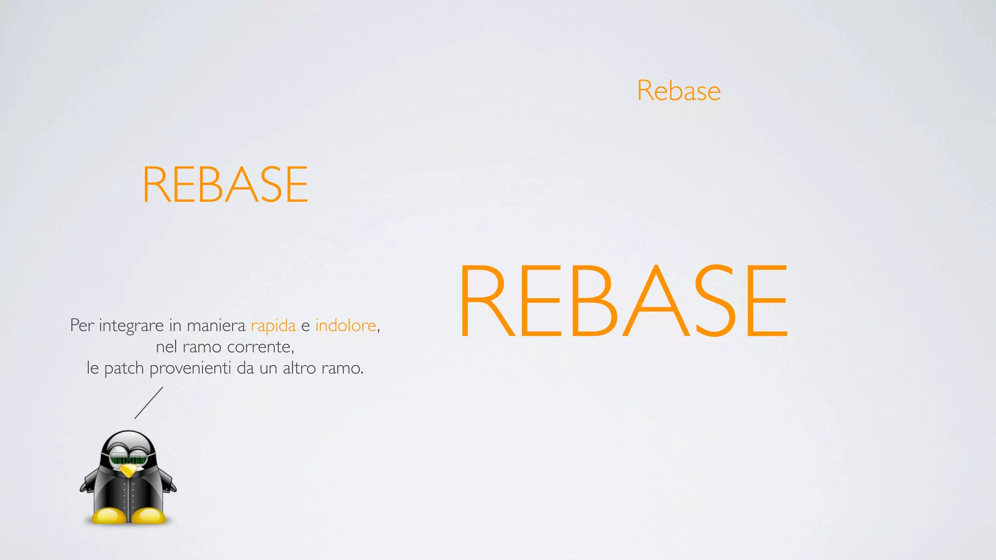 Rebase


         REBASE

Per integrare in maniera rapida e indolore,
            nel ramo corrente,
  le patch provenienti da un altro ramo.
                                              REBASE
 