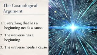 The Cosmological
Argument
1. Everything that has a
beginning needs a cause.
2. The universe has a
beginning
3. The universe needs a cause
 