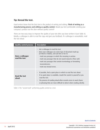 Tip: Reread the text.

             Good writers know that the best text is the product of writing and editing. Think of writing as a
             manufacturing process and editing as quality control. Would you feel comfortable sending your
             company’s product out the door without quality control?

             There are two easy ways to improve the quality of your text after you have written it (see Table 4).
             Ideally, a colleague is able to read the copy and give you feedback. If a colleague is unavailable, read
             the text aloud.


                  Quality control process       Description

                                                •	 Ask a colleague to read the text.
                                                •	 Have your colleague use some type of document mark-up
                                                	 (in Word or Adobe), and ask him or her to:
                  Have a colleague              	 - mark any passages in which the meaning is unclear.
                  read the text.                	 - mark any passages that do not sound natural or flow well.
                                                	 - mark any passages that contain terminology or formatting
                                                	    inconsistencies.
                                                	 - mark any factual errors.


                                                •	 If possible, find a quiet place in which to read the text aloud.
                                                •	 If no quiet place is available, mouth the words to yourself as you 			
                  Read the text
                  aloud.                        	   read the text.
                                                •	 The process of reading aloud often reveals errors in word choice 			
                                                	   or phrasing that are more difficult to detect when reading silently.


             Table 4: The “second read”: performing quality control on a text.




                                                                                                                             Back to Contents


                                                                                                Copyright © 2012 RedLine Language Services LLC
14   April 2012                                                                             Unauthorized reproduction and distribution prohibited
 