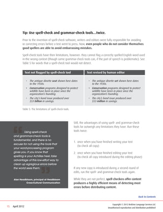 Tip: Use spell-check and grammar-check tools…twice.

             Prior to the invention of spell-check software, writers and editors were fully responsible for avoiding
             or correcting errors before a text went to press. Now, even people who do not consider themselves
             good spellers are able to avoid embarrassing mistakes.

             Spell-check tools have their limitations, however: they cannot flag a correctly spelled English word used
             in the wrong context (though some grammar-check tools can, if the part of speech is problematic). See
             Table 5 for words that a spell-check tool would not detect.


                  Text not flagged by spell-check tool                   Text revised by human editor

                   •	 The antique dinette seat shown here dates           •	 The antique dinette set shown here dates
                   	 to the 1930s.                                        	 to the 1930s.
                   •	 Conversation programs designed to protect           •	 Conservation programs designed to protect
                   	 wildlife have been in place since the                	 wildlife have been in place since the
                   	 organization’s founding.                             	 organization’s founding.
                   •	 The city’s bond issue produced over                 •	 The city’s bond issue produced over
                   	 $53 billion in savings.                              	 $53 million in savings.

             Table 5: The limitations of spell-check tools.




                                                              Still, the advantages of using spell- and grammar-check




     “
                                                              tools far outweigh any limitations they have. Run these
     	        Using spell-check                               tools twice:
     and grammar-check tools is
     fundamental, and there is no
                                                              1. 	once when you have finished writing your text
     excuse for not using the tools that
                                                              	 (to check all copy)
     your word-processing program
     gives you. If you know that                              2. 	once when you have finished editing your text
     spelling is your Achilles heel, take                     	 (to check all copy introduced during the editing phase)
     advantage of this low-effort way to




                               ”
     clean up egregious errors before
     the world sees them.                                     If any new copy is introduced during a second round of
                                                              edits, run the spell- and grammar-check tools again.

     Alan Headbloom, principal at Headbloom                   While they are not perfect, spell-checkers offer content
               Cross-Cultural Communication                   producers a highly efficient means of detecting most
                                                              errors before distributing content.


                                                                                                                            Back to Contents


                                                                                               Copyright © 2012 RedLine Language Services LLC
15   April 2012                                                                            Unauthorized reproduction and distribution prohibited
 