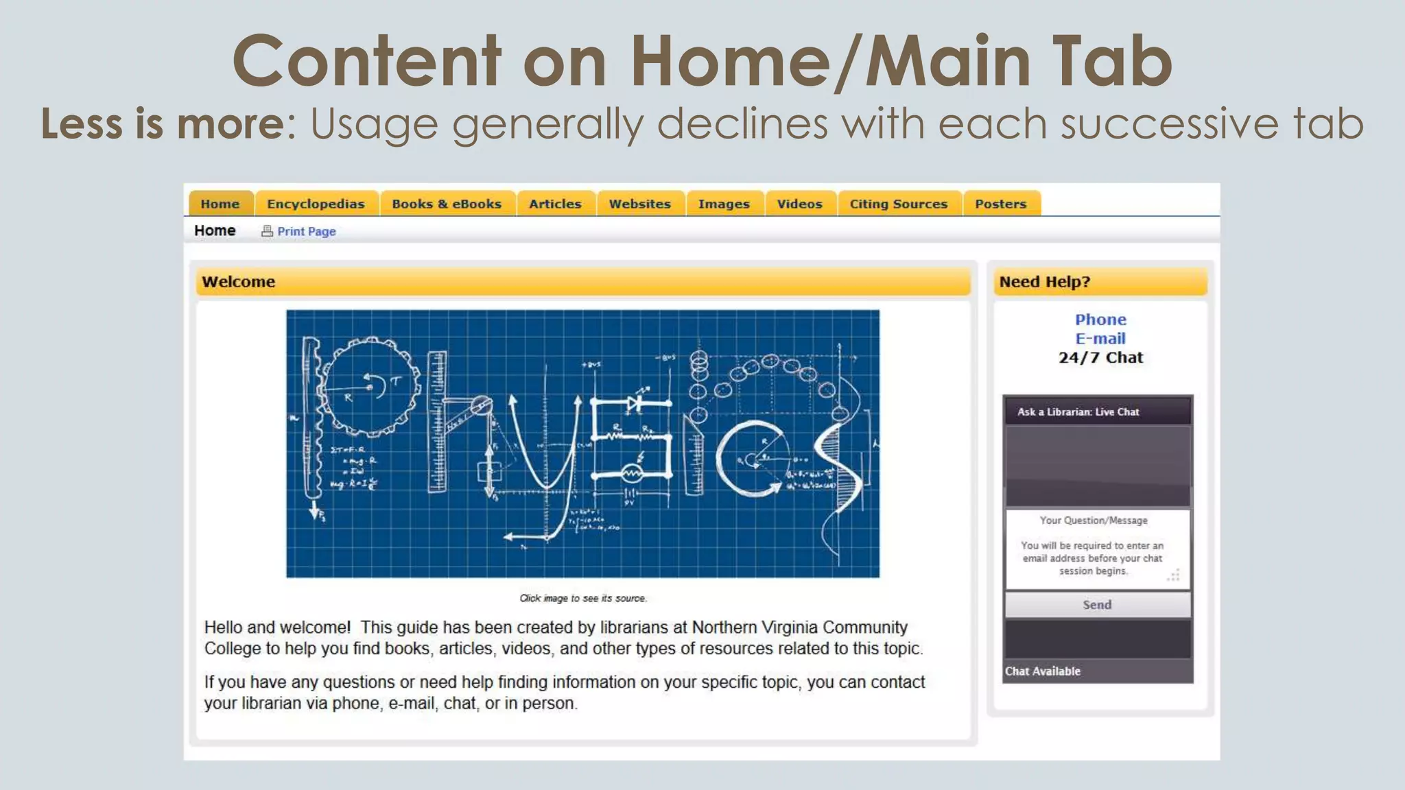 Content on Home/Main Tab
Less is more: Usage generally declines with each successive tab
 