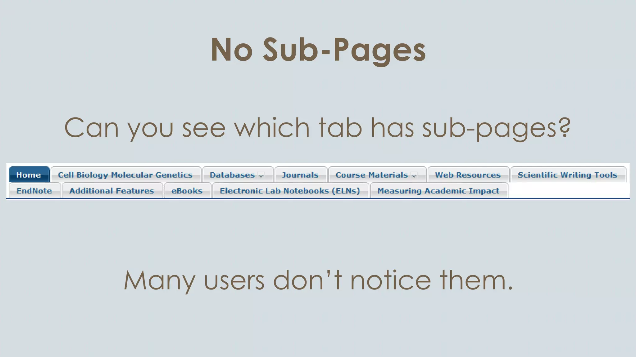 No Sub-Pages
Can you see which tab has sub-pages?
Many users don’t notice them.
 
