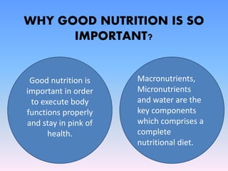 WHY GOOD NUTRITION IS SO
IMPORTANT?
Good nutrition is
important in order
to execute body
functions properly
and stay in pink of
health.
Macronutrients,
Micronutrients
and water are the
key components
which comprises a
complete
nutritional diet.
 