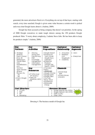 generated, the more advertisers flock to it. Everything sits on top of that layer, starting with
search, every time searched, Google is given some value because a certain result is picked
and every time Google learns about it. (Auletta, 2009)
       Google has been accused as being company that doesn’t set priorities. In the spring
of 2008 Google executives to make tough choices among the 150 products Google
produced. Brin: “I worry about complexity, I admire Steve Jobs. He has been able to keep
his products simple.” (Auletta, 2009)




                       Drwaing 4. The business model of Google Inc




                                              21
 
