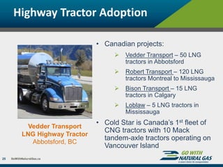 Highway Tractor Adoption
25
Vedder Transport
LNG Highway Tractor
Abbotsford, BC
• Canadian projects:
 Vedder Transport – 50 LNG
tractors in Abbotsford
 Robert Transport – 120 LNG
tractors Montreal to Mississauga
 Bison Transport – 15 LNG
tractors in Calgary
 Loblaw – 5 LNG tractors in
Mississauga
• Cold Star is Canada’s 1st fleet of
CNG tractors with 10 Mack
tandem-axle tractors operating on
Vancouver Island
 