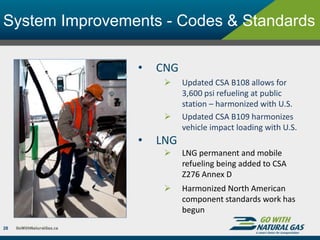 System Improvements - Codes & Standards
• CNG
 Updated CSA B108 allows for
3,600 psi refueling at public
station – harmonized with U.S.
 Updated CSA B109 harmonizes
vehicle impact loading with U.S.
• LNG
 LNG permanent and mobile
refueling being added to CSA
Z276 Annex D
 Harmonized North American
component standards work has
begun
28
 