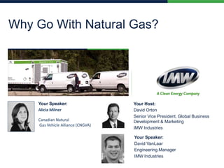 Why Go With Natural Gas?
Your Speaker:
Alicia Milner
Canadian Natural
Gas Vehicle Alliance (CNGVA)
Your Host:
David Orton
Senior Vice President, Global Business
Development & Marketing
IMW Industries
Your Speaker:
David VanLaar
Engineering Manager
IMW Industries
 