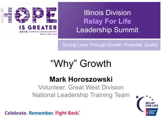 Illinois Division Relay For Life Leadership Summit Saving Lives Through Growth, Potential, Quality “Why” Growth Mark Horoszowski Volunteer, Great West Division National Leadership Training Team 