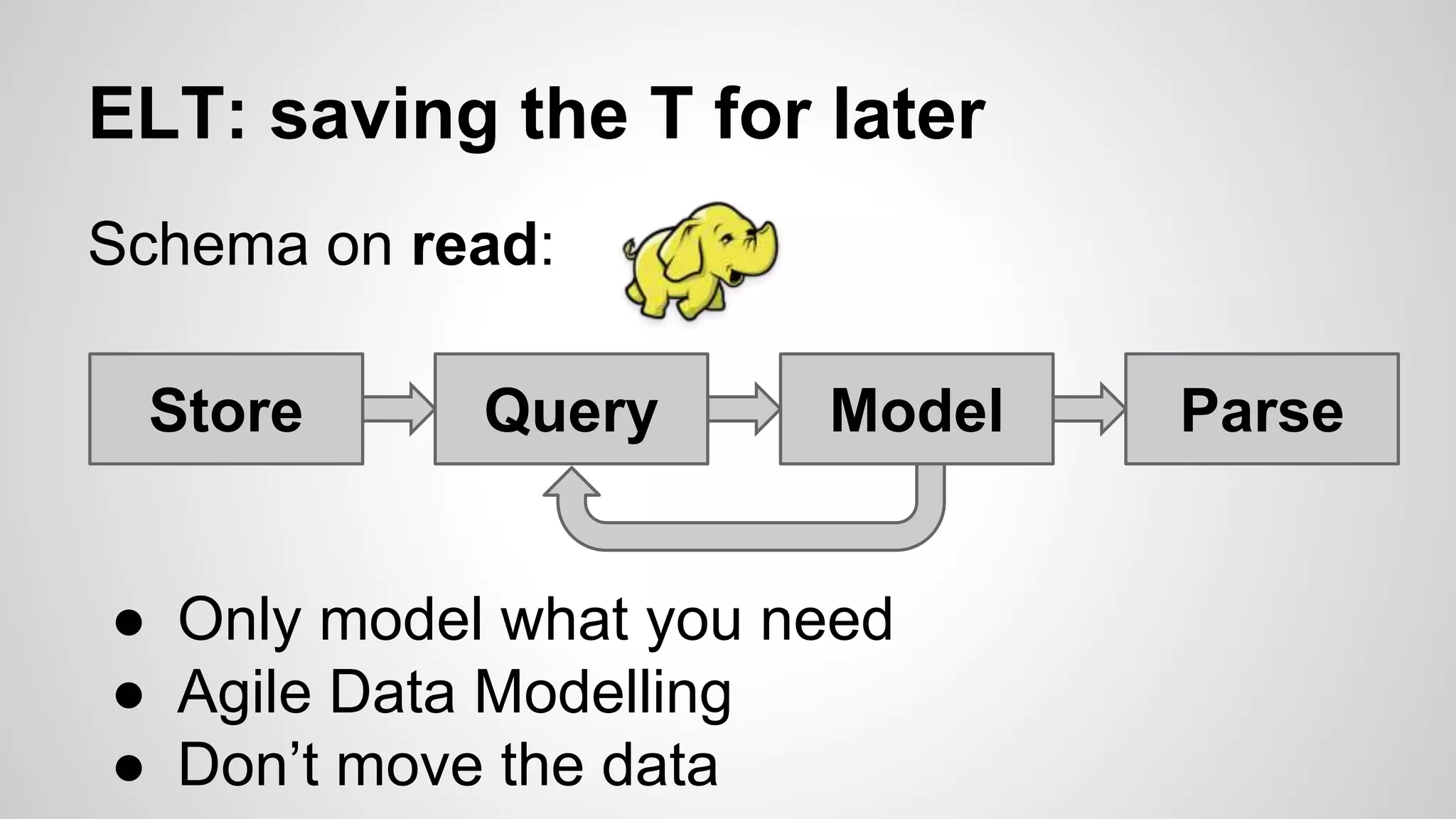 ELT: saving the T for later 
Schema on read: 
Store Query Model Parse 
● Only model what you need 
● Agile Data Modelling 
● Don’t move the data 
 