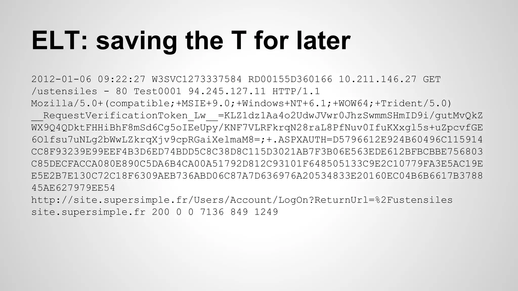 ELT: saving the T for later 
2012-01-06 09:22:27 W3SVC1273337584 RD00155D360166 10.211.146.27 GET 
/ustensiles - 80 Test0001 94.245.127.11 HTTP/1.1 
Mozilla/5.0+(compatible;+MSIE+9.0;+Windows+NT+6.1;+WOW64;+Trident/5.0) 
__RequestVerificationToken_Lw__=KLZ1dz1Aa4o2UdwJVwr0JhzSwmmSHmID9i/gutMvQkZ 
WX9Q4QDktFHHiBhF8mSd6Cg5oIEeUpy/KNF7VLRFkrqN28raL8PfNuv0IfuKXxgl5s+uZpcvfGE 
6Olfsu7uNLg2bWwLZkrqXjv9cpRGaiXelmaM8=;+.ASPXAUTH=D5796612E924B60496C115914 
CC8F93239E99EEF4B3D6ED74BDD5C8C38D8C115D3021AB7F3B06E563EDE612BFBCBBE756803 
C85DECFACCA080E890C5DA6B4CA00A51792D812C93101F648505133C9E2C10779FA3E5AC19E 
E5E2B7E130C72C18F6309AEB736ABD06C87A7D636976A20534833E20160EC04B6B6617B3788 
45AE627979EE54 
http://site.supersimple.fr/Users/Account/LogOn?ReturnUrl=%2Fustensiles 
site.supersimple.fr 200 0 0 7136 849 1249 
 