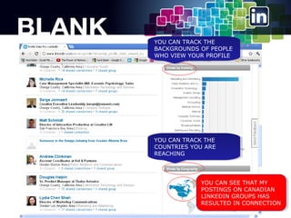 YOU CAN TRACK THE
YOU CAN TRACK THE
BACKGROUNDS OF PEOPLE
BACKGROUNDS OF PEOPLE
WHO VIEW YOUR PROFILE
WHO VIEW YOUR PROFILE

YOU CAN TRACK THE
YOU CAN TRACK THE
COUNTRIES YOU ARE
COUNTRIES YOU ARE
REACHING
REACHING

YOU CAN SEE THAT MY
YOU CAN SEE THAT MY
POSTINGS ON CANADIAN 17
POSTINGS ON CANADIAN
LINKEDIN GROUPS HAS
LINKEDIN GROUPS HAS
RESULTED IN CONNECTION
RESULTED IN CONNECTION

 