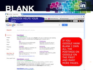 LINKEDIN HELPS YOUR
LINKEDIN HELPS YOUR
SEO
SEO

IF YOU
IF YOU
GOOGLE HANK
GOOGLE HANK
BLANK II OWN
BLANK OWN
ALL THE
ALL THE
POSTINGS ON
POSTINGS ON
GOOGLE ON
GOOGLE ON
THE FIRST
THE FIRST
AND MANY
AND MANY
MORE PAGES.
MORE PAGES.

31

 