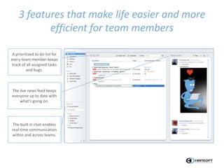 A prioritized to do-list for
every team member keeps
track of all assigned tasks
and bugs.
The live news feed keeps
everyone up to date with
what's going on.
The built in chat enables
real-time communication
within and across teams.
3 features that make life easier and more
efficient for team members
 