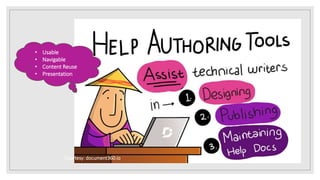 Courtesy: document360.io
• Usable
• Navigable
• Content Reuse
• Presentation
 