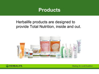 Products

Herbalife products are designed to
provide Total Nutrition, inside and out.
 