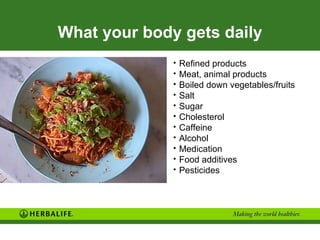 What your body gets daily
              •   Refined products
              •   Meat, animal products
              •   Boiled down vegetables/fruits
              •   Salt
              •   Sugar
              •   Cholesterol
              •   Caffeine
              •   Alcohol
              •   Medication
              •   Food additives
              •   Pesticides
 