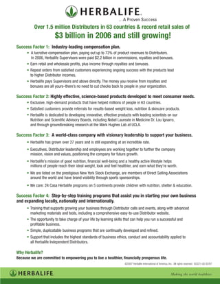 …A Proven Success
          Over 1.5 million Distributors in 63 countries & record retail sales of
                        $3 billion in 2006 and still growing!
Success Factor 1: Industry-leading compensation plan.
      • A lucrative compensation plan, paying out up to 73% of product revenues to Distributors.
         In 2006, Herbalife Supervisors were paid $2.2 billion in commissions, royalties and bonuses.
      • Earn retail and wholesale profits, plus income through royalties and bonuses.
      • Repeat orders from satisfied customers experiencing ongoing success with the products lead
        to higher Distributor incomes.
      • Herbalife pays Supervisors and above directly. The money you receive from royalties and
        bonuses are all yours–there’s no need to cut checks back to people in your organization.

Success Factor 2: Highly effective, science-based products developed to meet consumer needs.
      • Exclusive, high-demand products that have helped millions of people in 63 countries.
      • Satisfied customers provide referrals for results-based weight loss, nutrition & skincare products.
      • Herbalife is dedicated to developing innovative, effective products with leading scientists on our
        Nutrition and Scientific Advisory Boards, including Nobel Laureate in Medicine Dr. Lou Ignarro,
        and through groundbreaking research at the Mark Hughes Lab at UCLA.

Success Factor 3: A world-class company with visionary leadership to support your business.
      • Herbalife has grown over 27 years and is still expanding at an incredible rate.
      • Executives, Distributor leadership and employees are working together to further the company
        mission, vision and values, positioning the company for future growth.
      • Herbalife’s mission of good nutrition, financial well-being and a healthy active lifestyle helps
        millions of people reach their ideal weight, look and feel healthier, and earn what they’re worth.
      • We are listed on the prestigious New York Stock Exchange, are members of Direct Selling Associations
        around the world and have brand visibility through sports sponsorships.
      • We care: 24 Casa Herbalife programs on 5 continents provide children with nutrition, shelter & education.

Success Factor 4: Step-by-step training programs that assist you in starting your own business
and expanding locally, nationally and internationally.
      • Training that supports growing your business through Distributor calls and events, along with advanced
        marketing materials and tools, including a comprehensive easy-to-use Distributor website.
      • The opportunity to take charge of your life by learning skills that can help you run a successful and
        profitable business.
      • Simple, duplicatable business programs that are continually developed and refined.
      • Support that includes the highest standards of business ethics, conduct and accountability applied to
        all Herbalife Independent Distributors.

Why Herbalife?
Because we are committed to empowering you to live a healthier, financially prosperous life.
                                                                       ©2007 Herbalife International of America, Inc. All rights reserved. 62221-US 02/07


                                                                                                                  Making the world healthier.
 