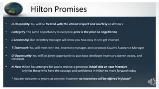 Hilton’s Ten Brands 2010The company’s luxury presence, Waldorf Astoria Hotels & Resorts and Conrad Hotels & Resorts, tripled from 2007 to 2010Launched the highly-acclaimed eforea spa product designed to appeal to Hilton’s 123 existing spas and 80 more in developmentDoubletree by Hilton introduced a new global brand identityEmbassy Suites Hotels achieved the 50,000th suite milestone, Hilton Garden Inn opened its 500th hotel and Homewood Suites by Hilton opened its 300th hotel.Hilton Garden Inn and Homewood Suites by Hilton both received the highest honors in the J.D. Power and Associates 2010 North America Hotel Guest Satisfaction Index Study.  Hilton Worldwide is the only lodging company to have two brands ranked number one, and has now won the award 27 times among its brands, which is nearly three times as many first place awards than any other lodging company has received.Hampton Inn Hotels was selected as the number-one franchise in Entrepreneur’s Annual Franchise 500.  Newest brand, Home2 Suites by Hiltonwill open 100 properties by the end of 2013 in the U.S., Canada and MexicoHilton Grand Vacations executed on its first “capital light” transaction, adding the Grand Pacific MarBrisa Resort to its collection of properties on a fee-for-service basis, which represents a new chapter in the evolution of the timeshare division.