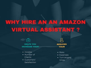 REDUCES
YOUR
WHY HIRE AN AN AMAZON
VIRTUAL ASSISTANT ?
HELPS YOU
INCREASE YOUR
Income
Number of
Clients
Customers'
Satisfaction
Risks
Expenses
Turn around
times
 